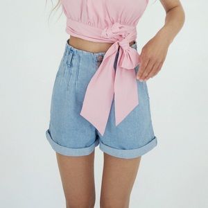 Zara Lightwash Denim Paperbag Bermuda Shorts Summer